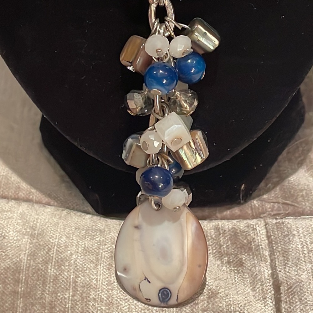 Beaded Toggle Necklace Blue and Cream